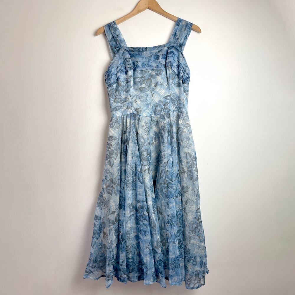 Vintage 50s Fit Flare Dress Sz 4-6 Handmade Chiffon Layered Skirt Retro Feminine